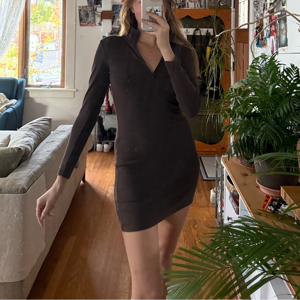Sunday Best Aritzia Chocolate Brown Long-Sleeve Mini Dress half zip up